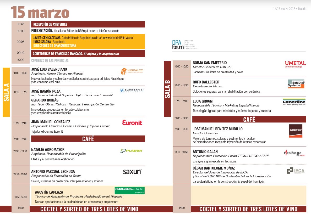 dparquitectura's tweet photo. Segundo y último día de #dpaforum, nos acompañará @Hispalyt #europerfil #euronit @pladur_ES @Saxun_Solar @HC_Hispania @umetalfc @SchluterSystems @Leca_Laterlite #uretek @TECNIFUEGOAESPI https://t.co/yw1FNuNq7H