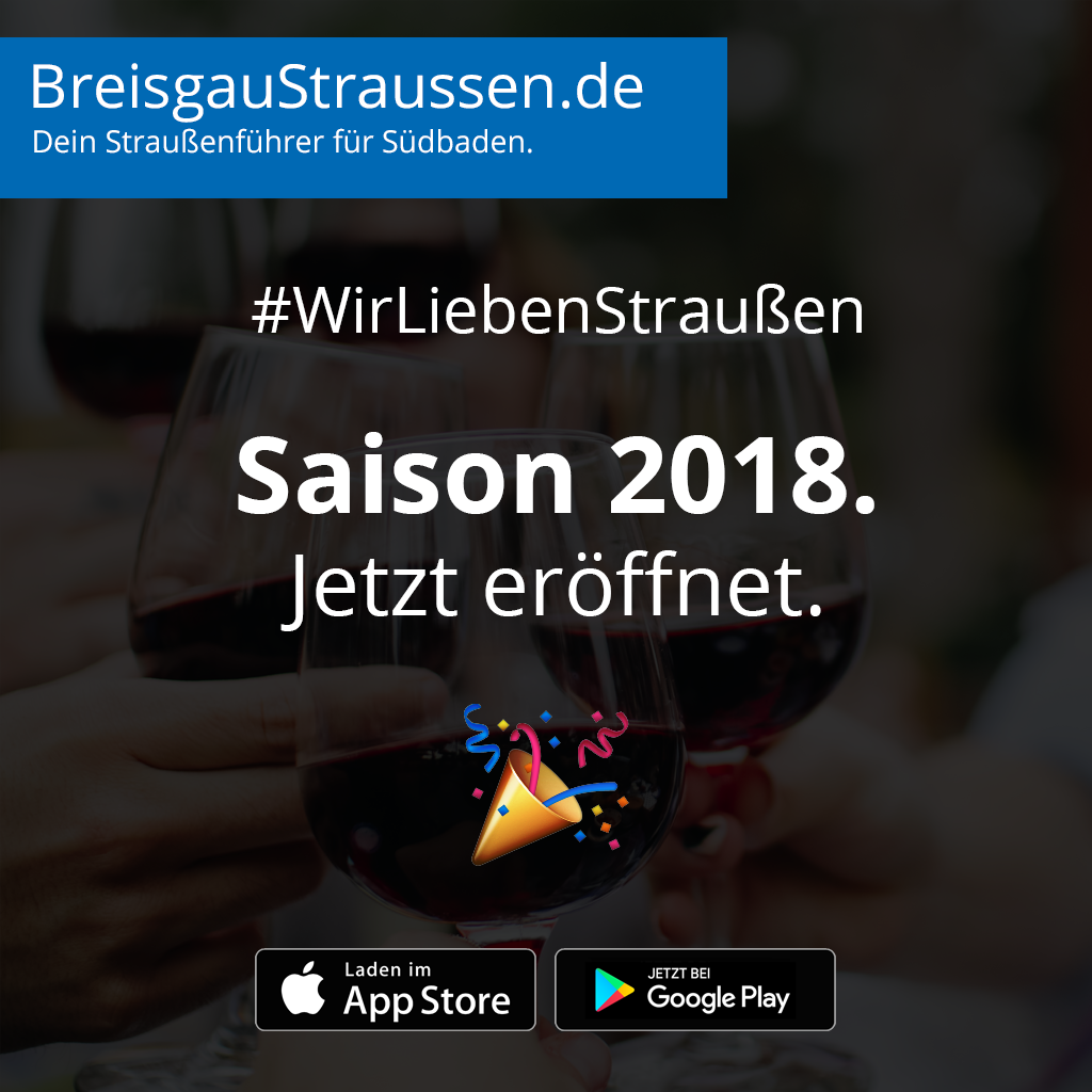 brsg_straussen's tweet photo. Yeah: Die Straußwirtschaften-Saison 2018 ist eröffnet! 🎉💕📱Jetzt direkt die neue App laden: https://t.co/KJXHRTSeVM #breisgaustraussen #deinstraußenführerfürsüdbaden #straußwirtschaften #freiburg #saisonstart #wein https://t.co/TJqcQKk5Wo