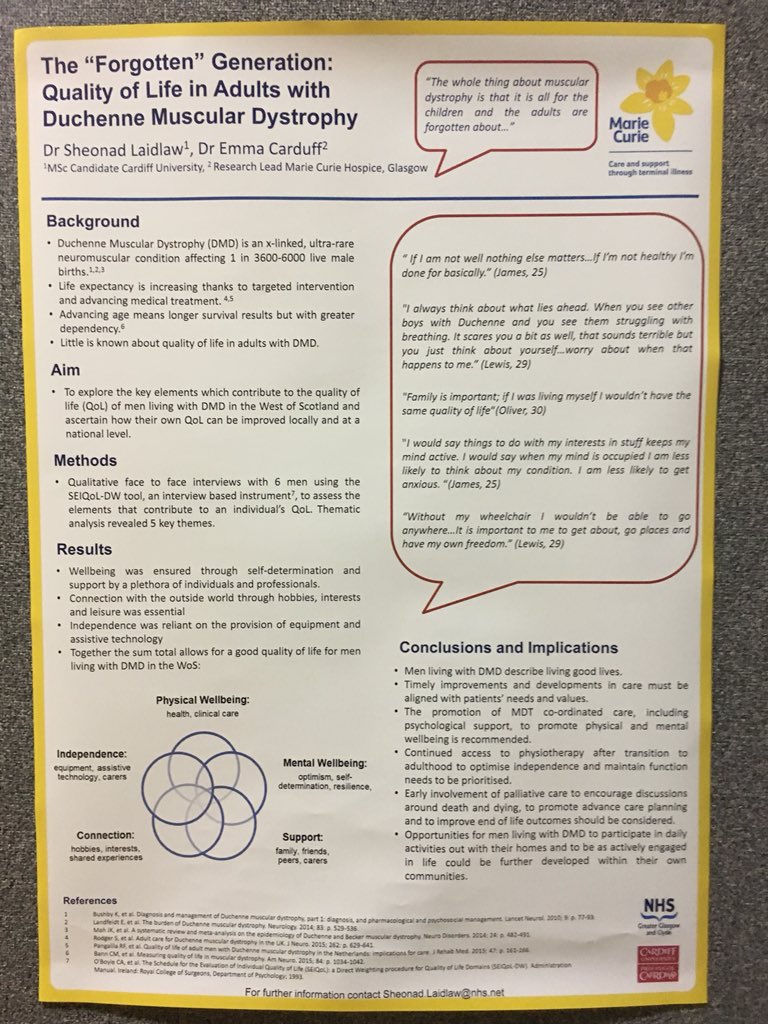 h0pefulmummy's tweet photo. Made it and poster up! @MarieCurieSCO @cardiffuni @NHSGGC #AdultsWithDuchenne #GoodLives #PatientCentredCare #MDTcare #ASPPCC2018 https://t.co/I1YQ57H4SQ