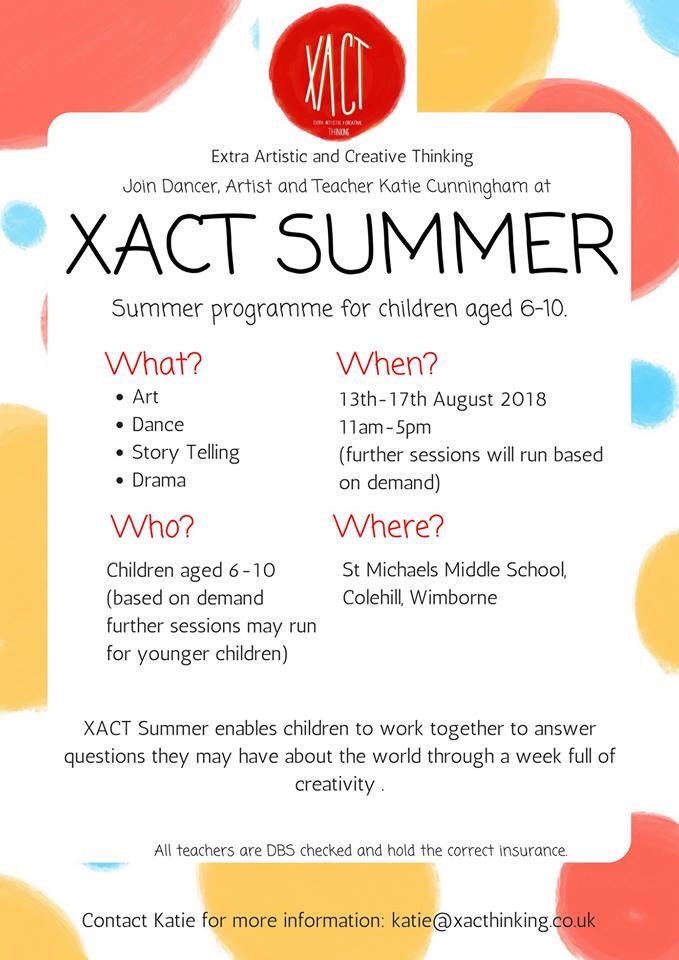 XACT SUMMER 2018 gives your little one the chance to explore the world through a variety of creative outlets. Email our Artistic Director Katie katie@xacthinking.co.uk for more information or to book a place for your children. #dorset #summer18 #summerholiday #whatsondorset