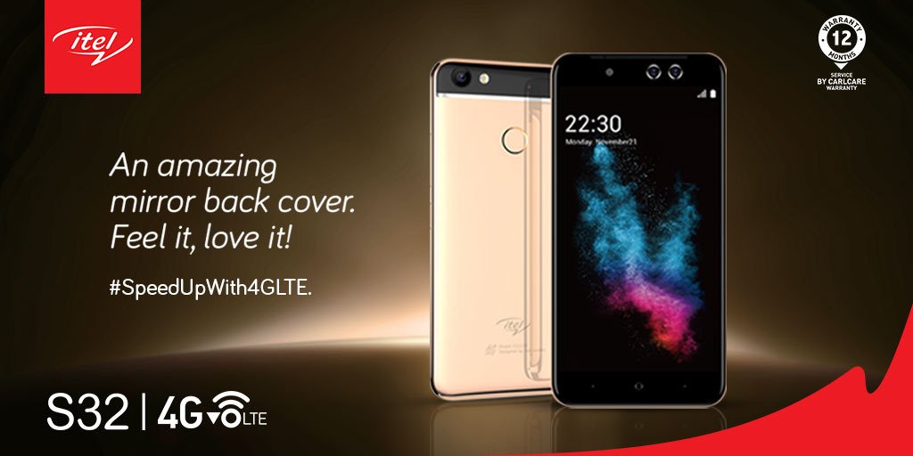 itelNigeria's tweet photo. An amazing mirror back cover gives itel S32 LTE a luxurious feel that makes you want to grab it tight and never let go. Feel it, love it and #SpeedUpWith4GLTE. Available exclusively in @slotlimited outlets soon. https://t.co/5NBnCQ0EUe