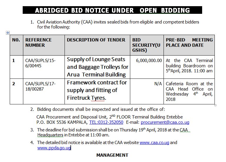 UgandaCAA's tweet photo. Civil Aviation Authority (CAA) invites sealed bids from eligible and competent bidders for the following supplies #CAABids #Tenders #OpenBids @PPDAUganda @newvisionwire @DailyMonitor https://t.co/QNOFTtQK0h