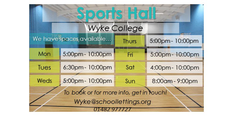 Check out our availability for the Sports Hall at Wyke College!! #play #sports #fitness#SLS #Hull 
wyke.schoolbookings.co.uk