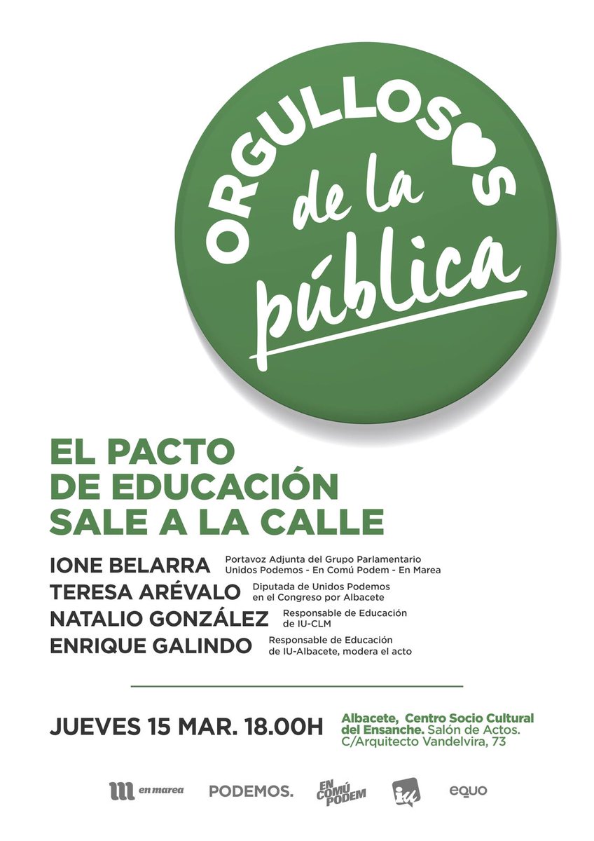 Buenos días. Se recuerda que hoy jueves, a las 6 de la tarde, en el CSC del Ensanche (#Albacete) se celebrará el acto "EL PACTO DE EDUCACIÓN SALE A LA CALLE", organizado por UP. Estáis tod@s invitados. !¡Orgullosos de la Educación Pública!
