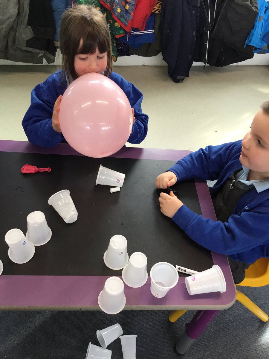 GrangeEYFS's tweet photo. We found a way to get the balloons off the table using only a balloon then we recorded our scores. #grangestem https://t.co/SLJcH6zBia