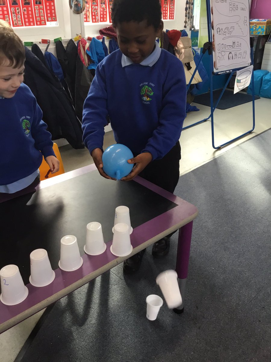 GrangeEYFS's tweet photo. We found a way to get the balloons off the table using only a balloon then we recorded our scores. #grangestem https://t.co/SLJcH6zBia