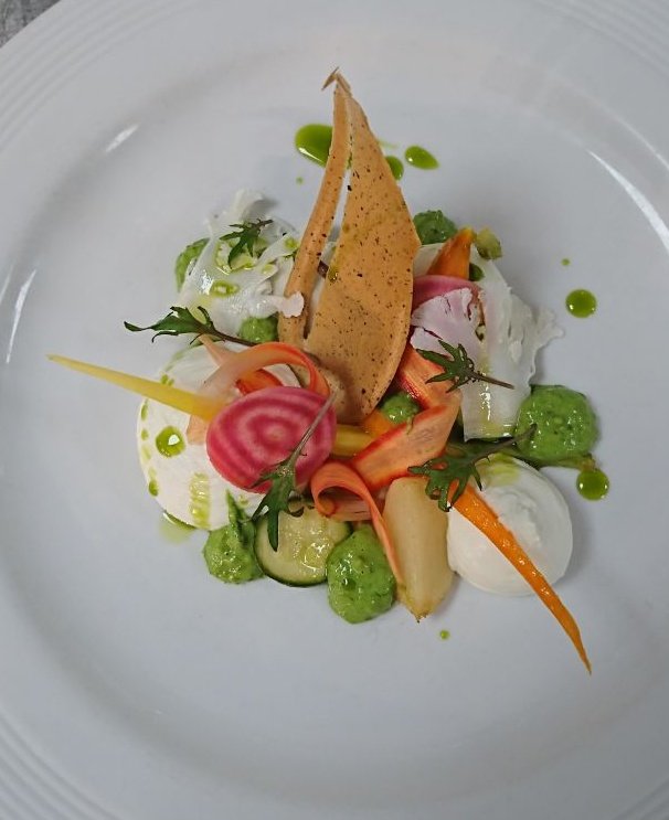 New spring starter <a href="/BallynahinchCas/">Ballynahinch Castle</a> with @galwaygoatfarm cheese, pickled and smoked young vegetables, wild garlic, coffee crisp. @gastronomy2018 #ballynahinchcastle #chefs #connemara #galway #goats #vegetarian