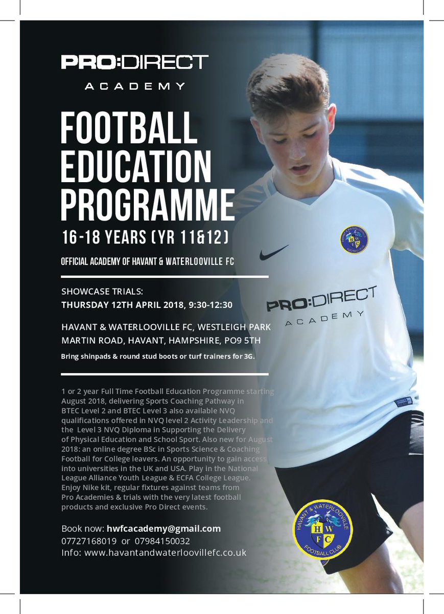 GbfcAcademy's tweet photo. New opportunity for School leavers in September the  Havant &amp; Waterlooville FC
PRO:DIRECT SOCCER ACADEMY     
Book your place now on the Showcase trial or direct message us. https://t.co/SSwQrP366D