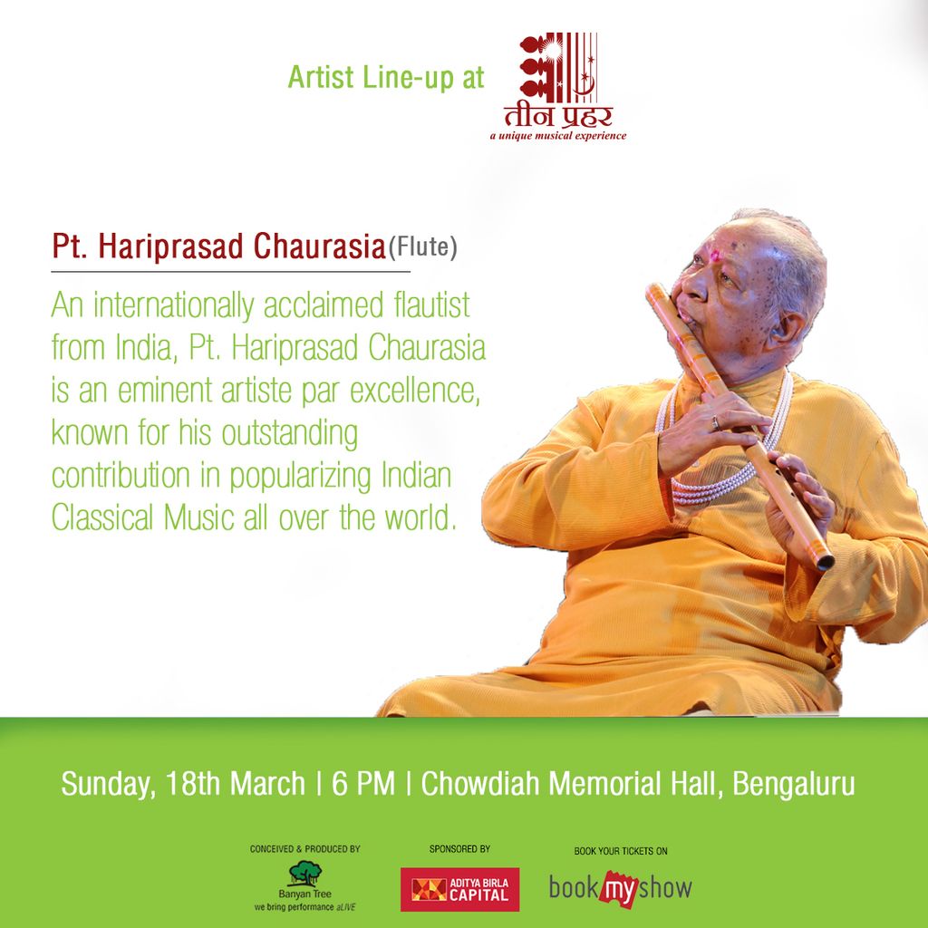banyantreevents's tweet photo. Watch an invigorating performance by flautist Pt. Hariprasad Chaurasia in Bengaluru, only at Teen Prahar.
Book your tickets from https://t.co/QuYZO2aKaF
#Bengaluru #EventsInBengaluru #TeenPrahar https://t.co/RtLCp9aF31