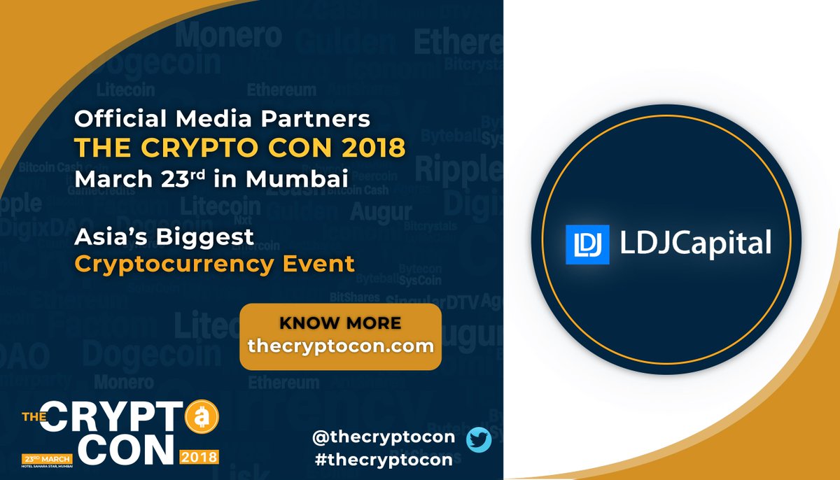 InfinitVerse's tweet photo. We are delighted to have @LDJCapital as a Media Partner of Asia's
Biggest Cryptocurrency Event 'The Crypto Con' on 23rd March in Mumbai.
Tickets available now! Register at https://t.co/IdmTlDgwEh before it is
too late. #thecryptocon #Blockchain #Conference #Cryptocurrency https://t.co/J4ifxwScMt