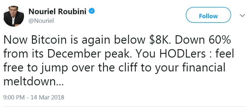 The delicious wretched misery of delusional nocoiners:> March 2014: With Bitcoin at $640, predicts it will go to zero> Spends 4 years withering in pain as it rises to $19,000> March 2018: Claims vindication as it drops to $8,000 (12x return in four years instead of his zero)