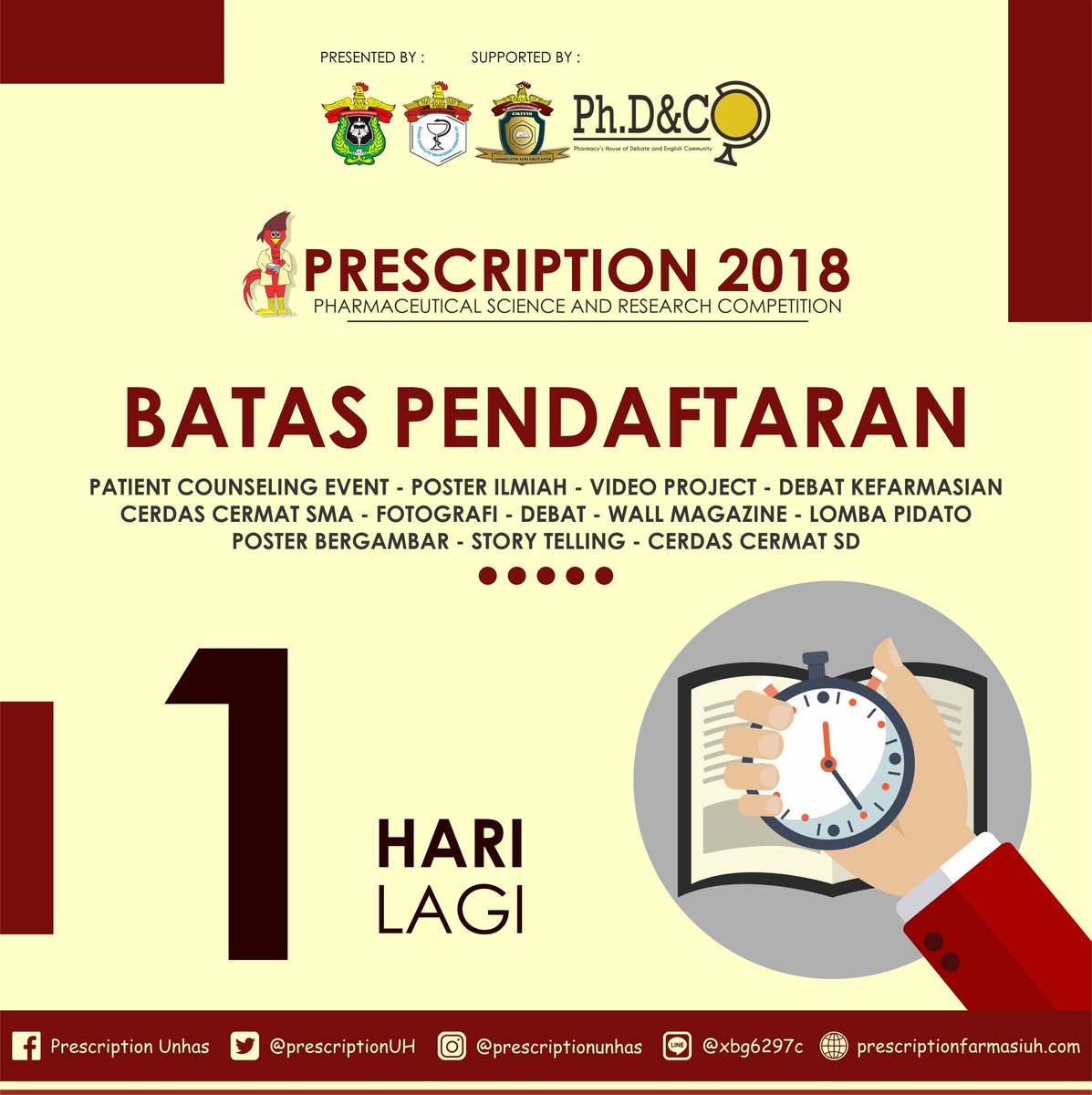 Hello prescription enthusiast!

Sudahkah mempersiapkan diri untuk mengikuti rangkaian kegiatan dalam prescription tahun ini?

kirimkan segera formulir pendaftaran kalian!
sebagai informasi tambahan, bahwa pendaftaran lomba akan diundur hingga tanggal 16 Maret 2018.