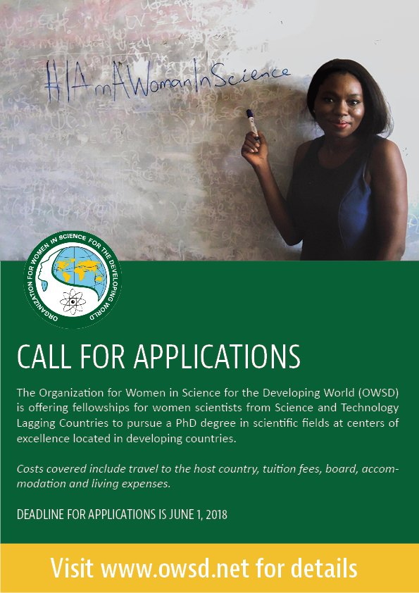 OwsdSecretariat's tweet photo. ANNOUNCEMENT: The Call for Applications for the 2018 OWSD PhD Fellowships for women scientists in the developing world is NOW OPEN! Full-time and sandwich fellowships are available for PhD studies at host institutes in the South. See: https://t.co/2oo3VPTNFz #womeninscience https://t.co/hImuvufJtn