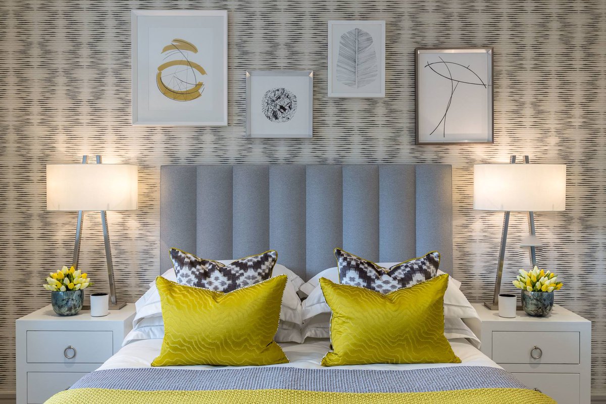 infoaji's tweet photo. These @RVAstley brushed nickel table lamps add #boutique hotel vigour to our charismatic @MillgateHomesUK #bedroom #design, whilst the lustrous @clarkeandclarke #cushions in chartreuse yellow add a zip of colour. Architecture by @ascot_design. https://t.co/Vs7wzqyX69 #interior https://t.co/qj3L8y0WmK