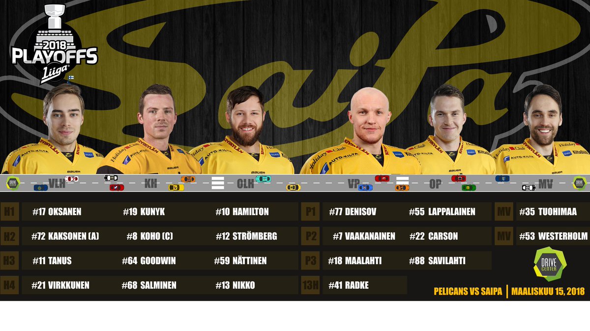 Liiga_SaiPa's tweet photo. Ottelusarjan toiseen otteluun yhdellä muutoksella #DriveCenter -kokoonpanoon. Per Savilahti palaa pelaavaan kokoonpanoon.
#SaiPa #MeidänPojat #MeijänKevät https://t.co/Io5JQge4mA