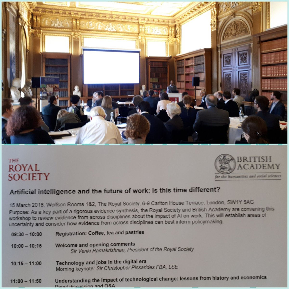 techUKdepCEO's tweet photo. Impressive room of economists, historians, scientists, technologists &amp; policy wonks talking about #AI and  #thefuturework at @royalsociety https://t.co/F4PKGGb7NB