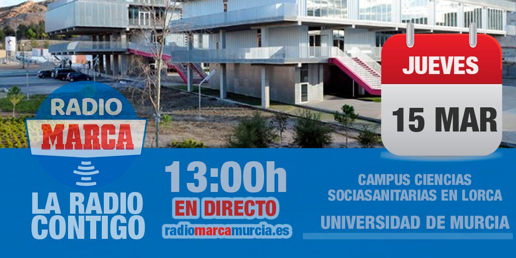 📕¡Este mediodía turno para los estudiantes de #Lorca!📕

🎙️Desde las 13h #DirectoMarcaRM estará en la Facultad de Ciencias Sociosanitarias de <a href="/UMU/">Universidad Murcia</a>. Hablaremos sobre las especialidades de esta facultad con protagonistas. Además analizamos toda la actualidad del deporte.
