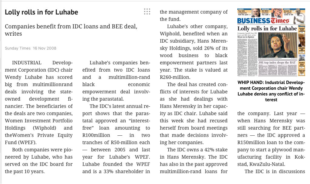 Btw 2005-2007,IDC chair, Mbazima Shilowa's wif, Wendy Luhabe's companies, WIPHOLD & WPEF benefitted frm IDCIDC approved R100 Mln "interest free" loansImagine if Wendy ws linked to Zuma! #StateCaptureInquiry #StayWoke