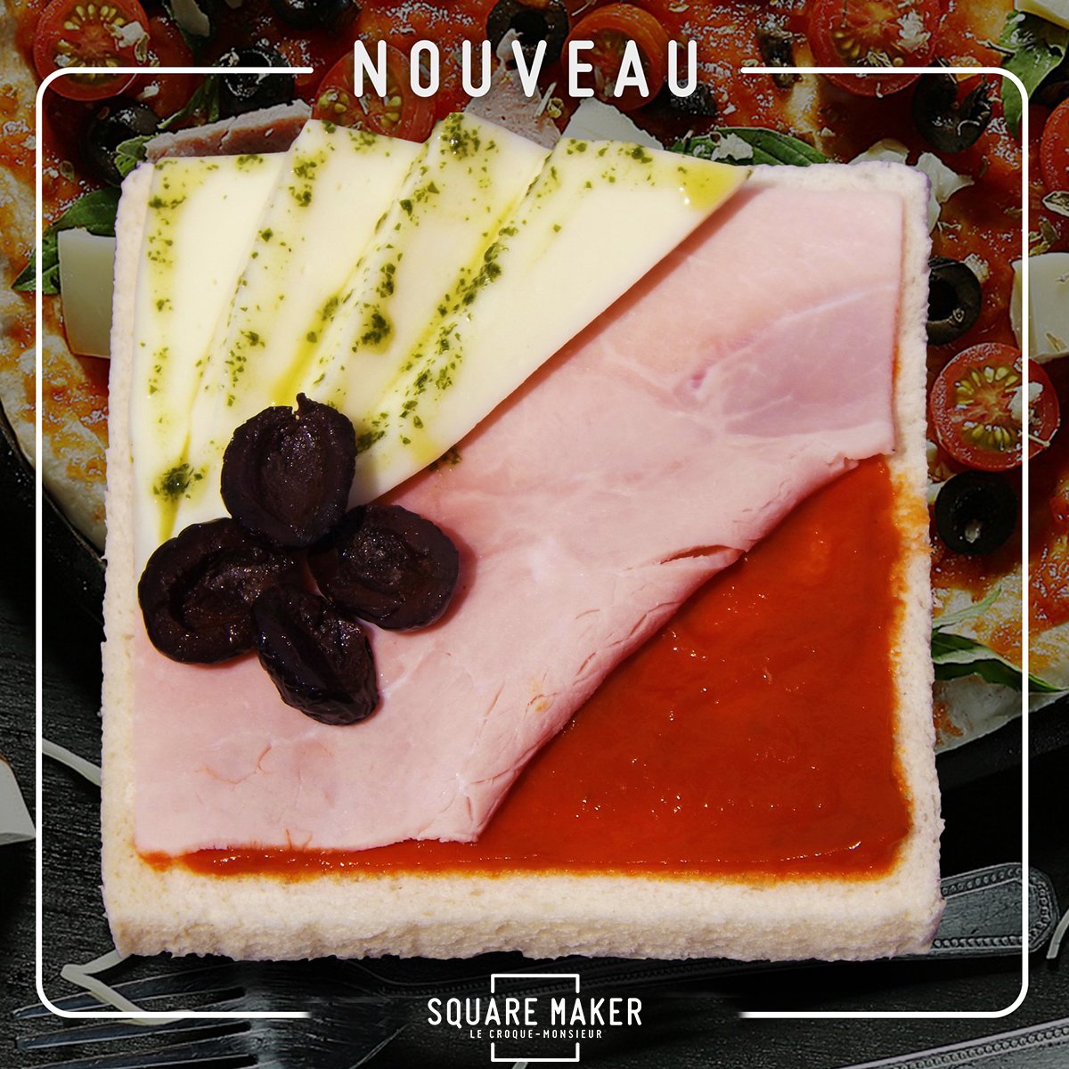 squaremaker13's tweet photo. Nouveau Carré du moment ! On vous concocte un #croquemonsieur façon #pizza 👩🍳 L’ARTISTE : jambon, mozzarella, sauce tomate, olives noires 🍅 Avec ou sans huile pimentée 🌶️ !
#squaremaker #smk #food #resto #snacking #frenchfood #startup #Français #EntrepriseFrancaise 🇫🇷 https://t.co/KzuSWOvHFt
