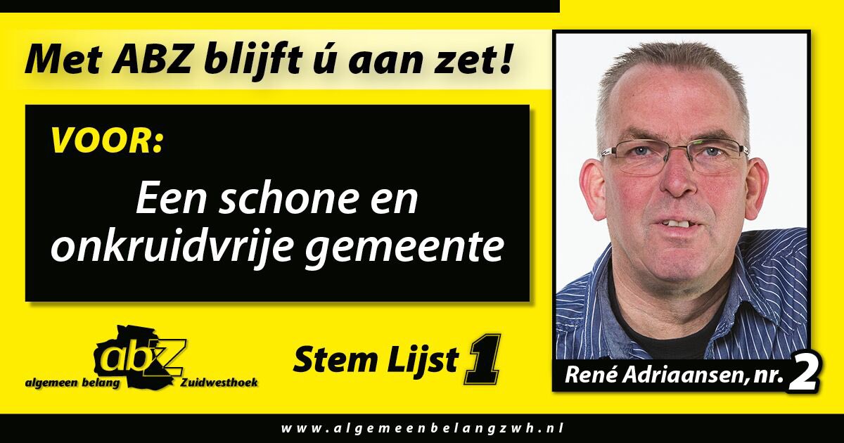 Ivarbrouwer's tweet photo. Stem op René Adriaansen voor een schone en onkruidvrije gemeente! Lijst 1, nr 2! https://t.co/NM1T47oVKC