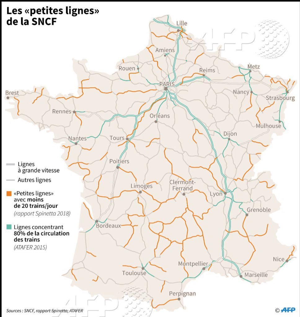 benoithamon's tweet photo. La carte des petites lignes que la sncf s'apprête à fermer, dessine la carte de la France que le pouvoir abandonne. À l'ére des métropoles ultraconnectées, la startup nation démolit le dernier service public qui reliait les territoires et les français entre eux. @GenerationsMvt https://t.co/dMPw3SEFK6