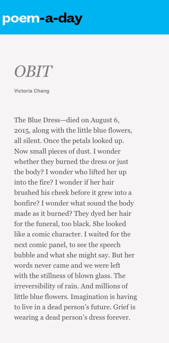 Thanks to @POETSorg for publishing OBIT, The Blue Dress in Poem-a-Day and  thanks to @meghanor for selecting it. https://t.co/ucLcMoSvKb