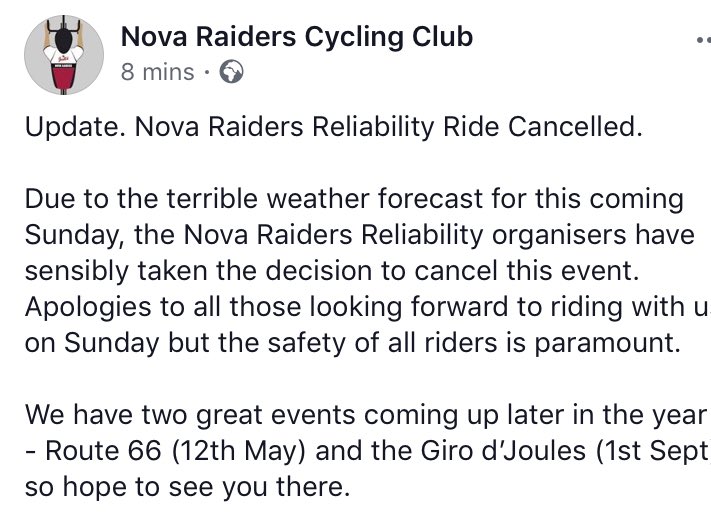 TheNovaraiders's tweet image. Nova Raiders Reliability ride this weekend cancelled
