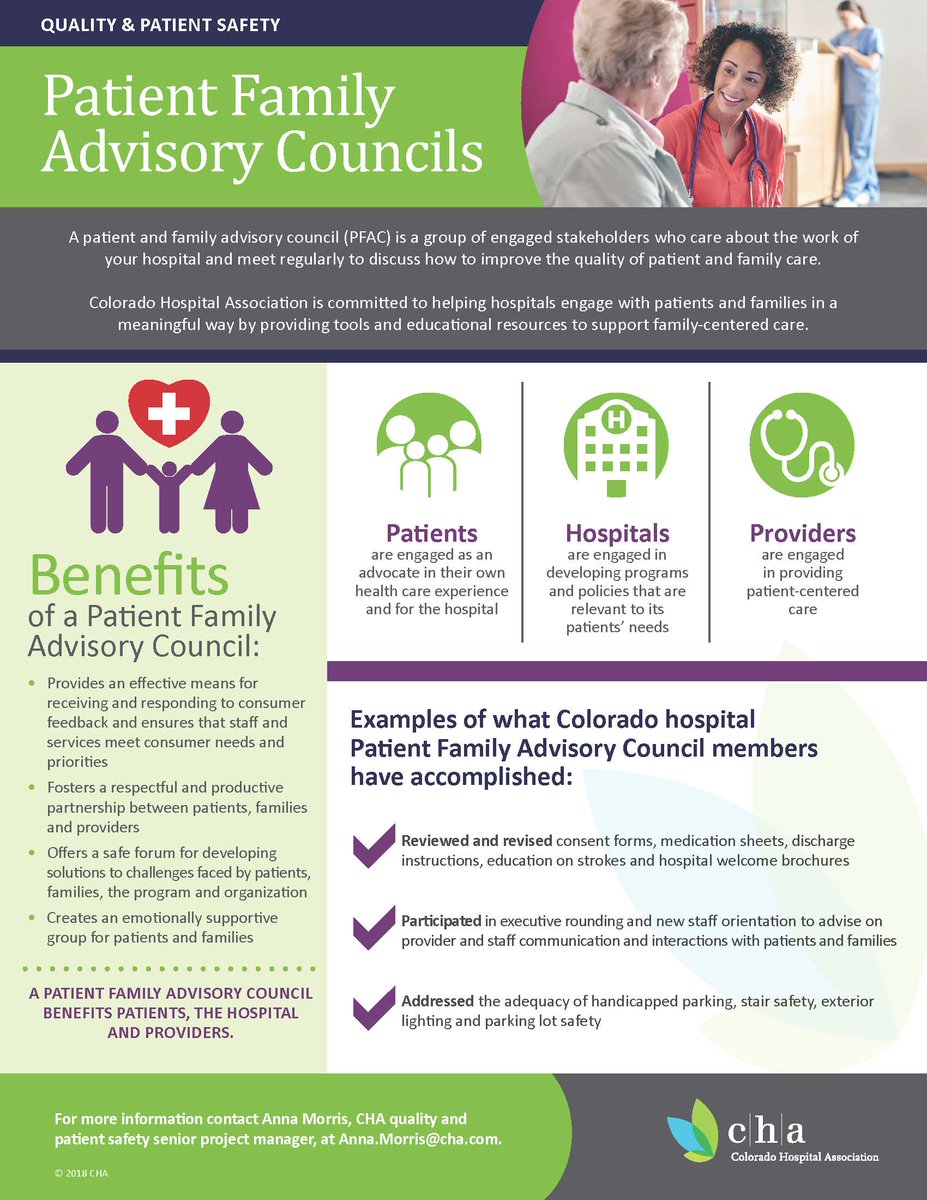 COHospitalAssn's tweet image. Patient &amp;amp; Family Advisory Councils (PFACs) are a great resource for hospitals to gather feedback and improve patient care. We work with members to create and sustain PFACs in their organizations because they are such an important aspect of patient family engagement. #PSAW