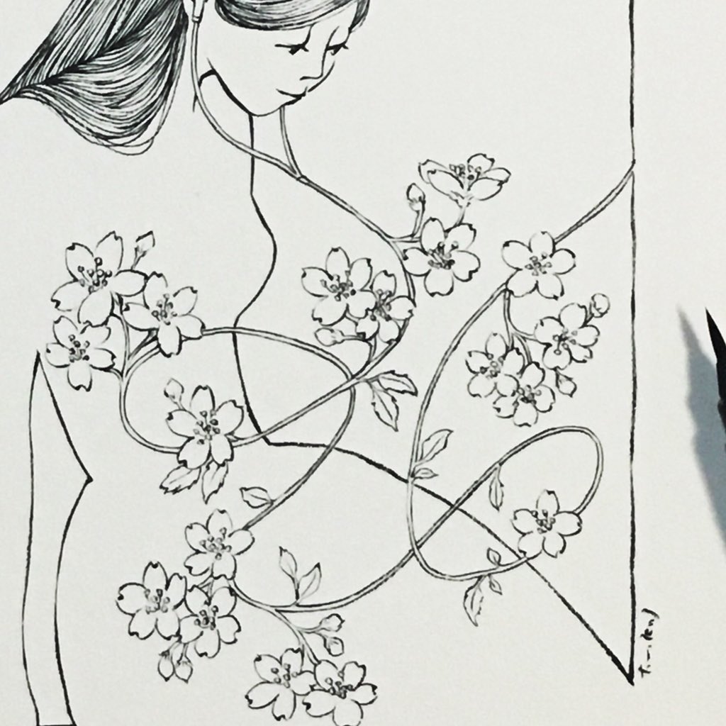 サカキュ いよいよ桜の季節 桜 筆ペン ぺんてる 極細 落書き 絵 イラスト Cherryblossom Illust Illustration Drawing
