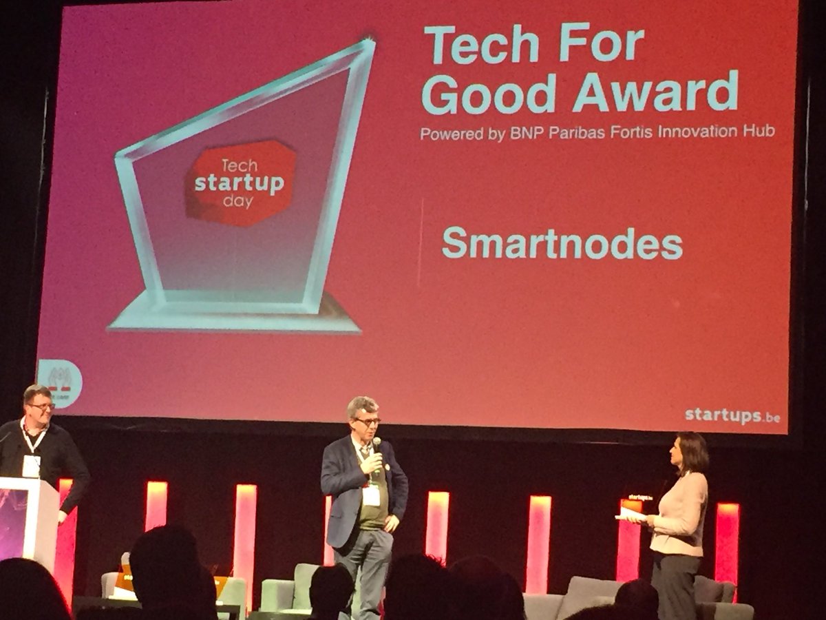 mjdegroote's tweet photo. Congrats to #smartnodes with #techforgoodaward @StartupsBe #tsd18 @Vanas1Genevieve https://t.co/Ifo5pla7ZX