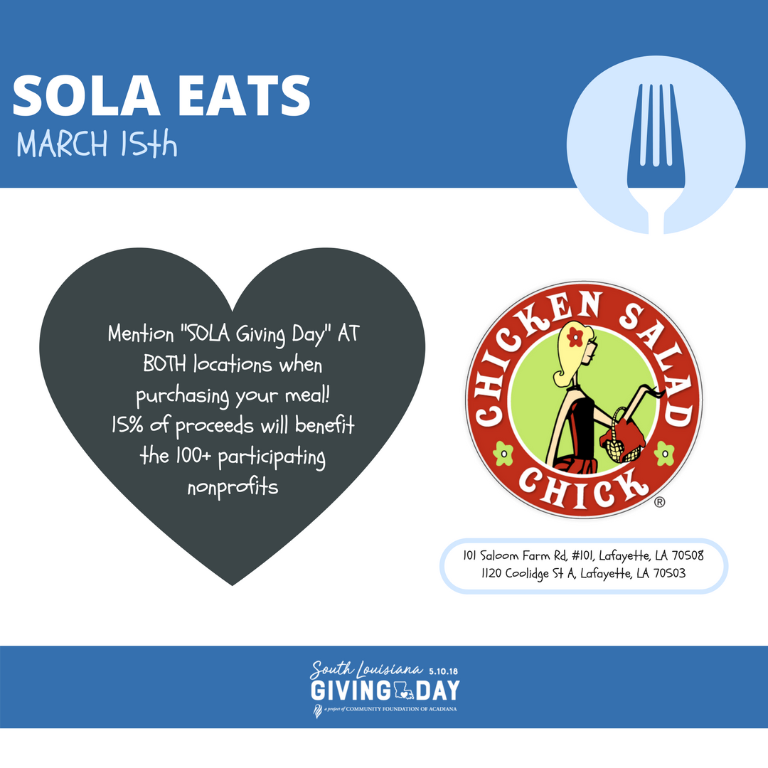 SOLAGivingDay's tweet photo. 100+ nonprofit organizations from Acadiana are registered for South Louisiana Giving Day! 💙 You can support them TODAY by visiting Chicken Salad Chick and Pizza Artista! 
Learn more about how to schedule a donation online by visiting https://t.co/kUgbaq0e5W https://t.co/lpHAIChLCq