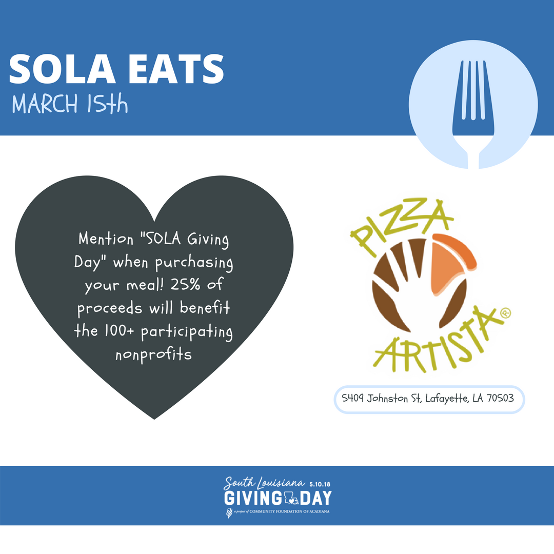 SOLAGivingDay's tweet photo. 100+ nonprofit organizations from Acadiana are registered for South Louisiana Giving Day! 💙 You can support them TODAY by visiting Chicken Salad Chick and Pizza Artista! 
Learn more about how to schedule a donation online by visiting https://t.co/kUgbaq0e5W https://t.co/lpHAIChLCq