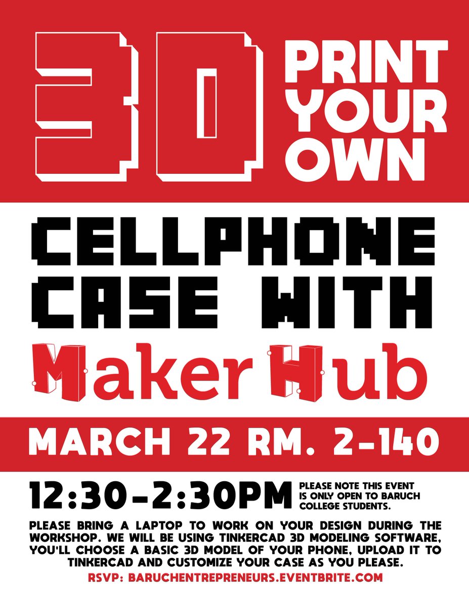 EShipBaruch's tweet photo. Next week at the #Makerhub is your chance to #design and #3Dprint your own cellphone case! #baruchstudents
>>RSVP: https://t.co/jQQM4yj6eK https://t.co/6OjvDTzQAf
