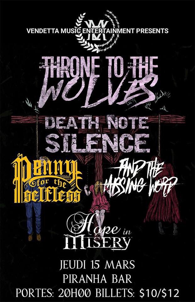 Tonight @Piranha_Bar #thronetothewolves @HopeInMisery_  #pennyfortheselfless #findthemissingword #deathnotesilence