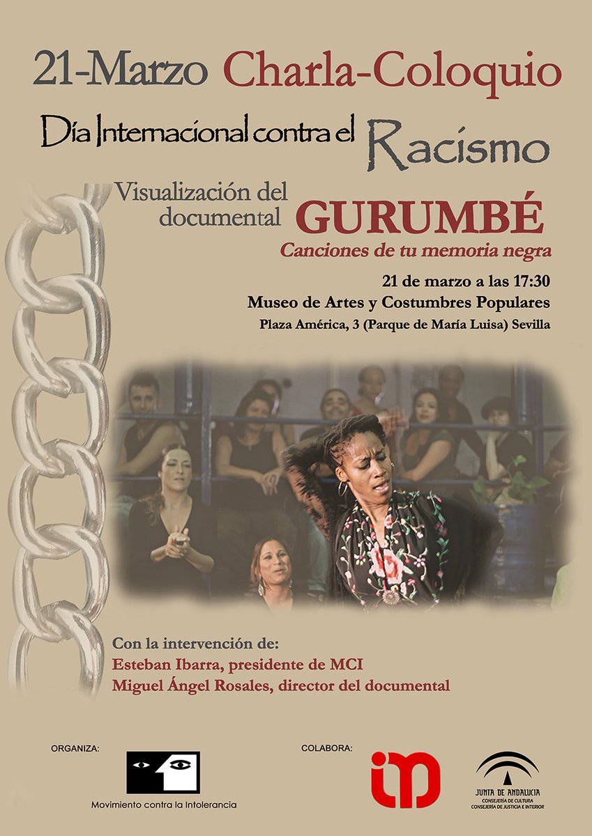 McIntolerancia's tweet photo. No te pierdas el próximo miércoles #21marzo la Charla-Coloquio con motivo del #DíaInternacionalContraElRacismo y la proyección del documental #Gurumbé, canciones de tu memoria negra, con la intervención de Esteban Ibarra y @GurumbeDoc ¡Apúntate y ayúdanos a difundir! https://t.co/pIoRS5cUkm