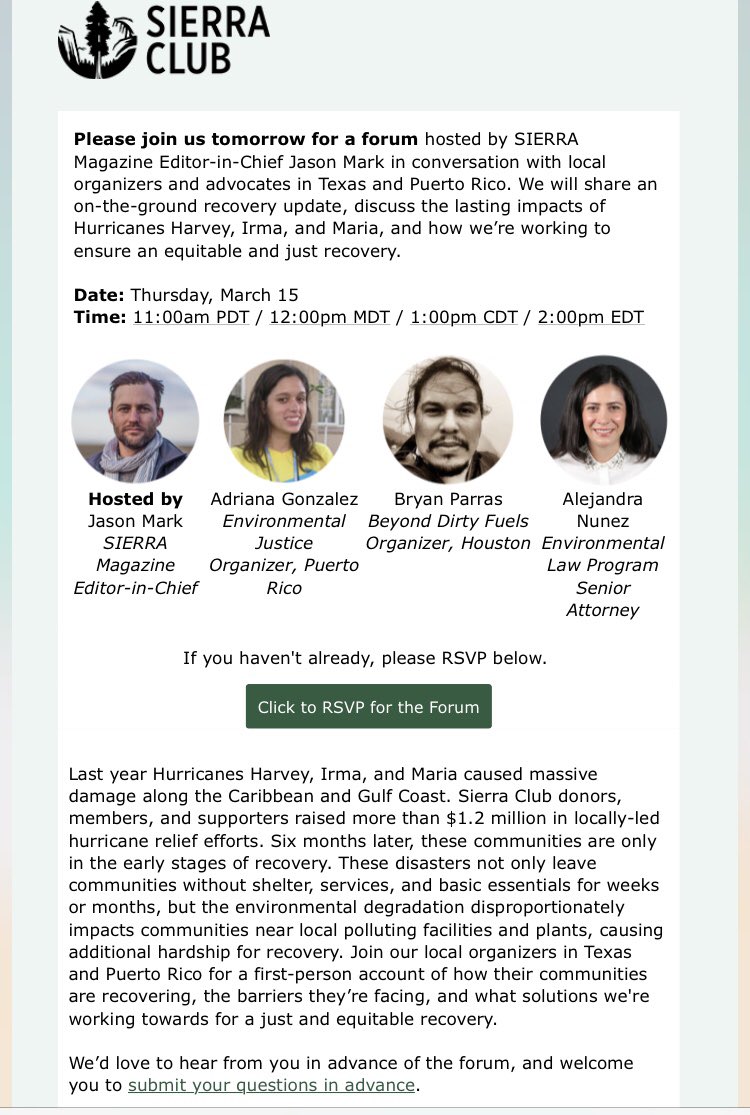 TODAY! Local organizers &amp; advocates in TX (Bryan Parras, <a href="/HighTechAztec/">bp</a> ) &amp; #PuertoRico share an on-the-ground #recovery update on the lasting impacts of Hurricanes #Harvey, #Irma, &amp; #Maria. <a href="/SierraClub/">Sierra Club</a> Club

REGISTER HERE: zoom.us/webinar/regist…