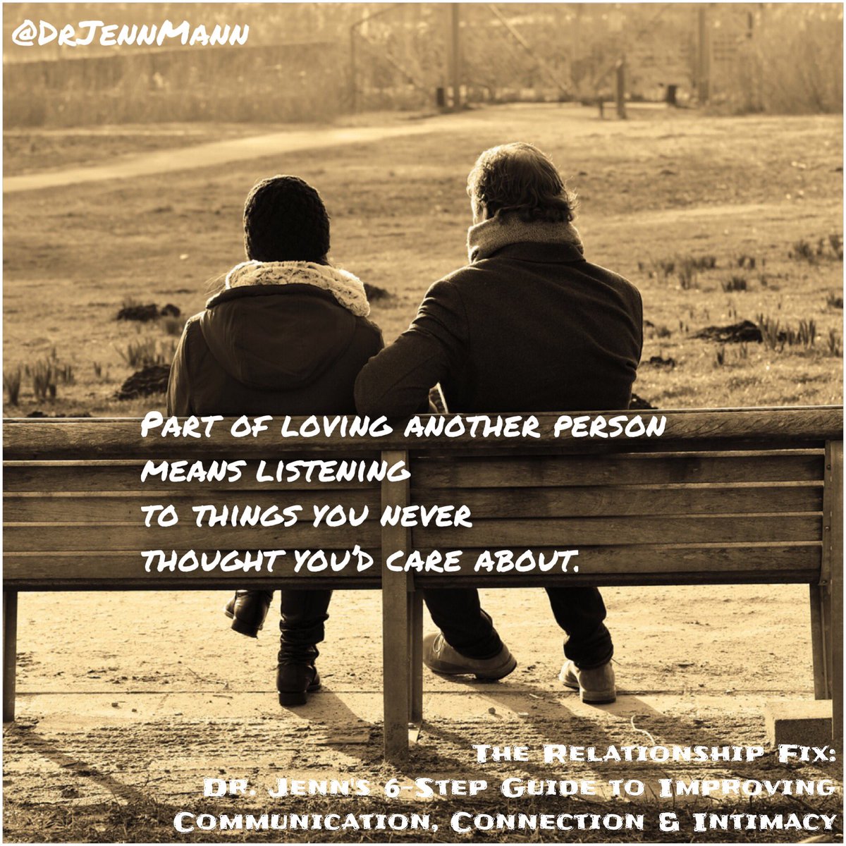 drjennmann's tweet photo. Part of loving another person means listening to things you never thought youโd care about. Listening to a spouse... gives you a window into his/her thought process, values, and concerns.
#RelationshipFix #ThursdayThoughts
https://t.co/jHxMjo5p0c https://t.co/Rqwo2oTek7