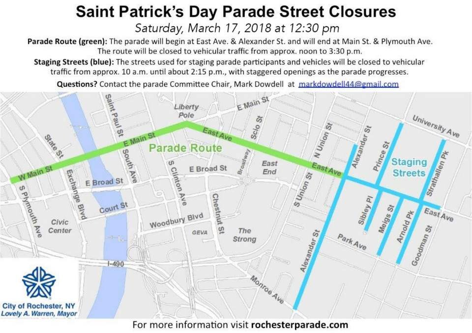 RRiversideHotel's tweet photo. 🍀Here’s the scoop on road closures in the area for the St. Patrick’s Day Parade! Get here early to snag your spot! #roc  #StPatricksDay https://t.co/CzLaQmHOcn