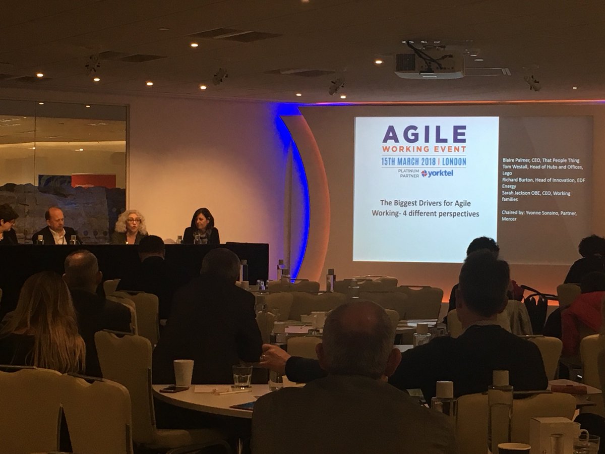 EngageWellbeing's tweet image. “We need to reinvent work for the future: our 19th cent Industrial Age model of work is past its sell by date” says @brilliantgamble. Panel session @agileworkevent also feat Sarah Jackson of @workingfamUK, Richard Burton Head of Innovation @edfenergy, @YvonneSonsino #agileevent18