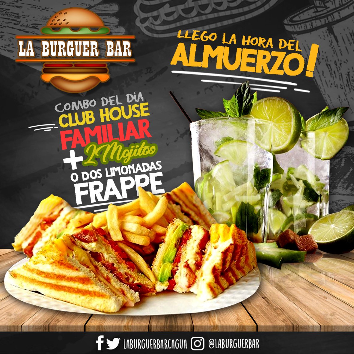 laburguerbar's tweet photo. Llego el almuerzo! con el #ComboDelDia un club house familiar + 2 mojitos o 2 limonadas frappe para que disfrutes de un gran almuerzo entre amigos y familia solo aquí en @laburguerbar Tu Mejor Opcion.
#ClubHouseFamiliar #Mojitos #LimonadaFrappe #Almuerzos https://t.co/RQ3RBG1Br8