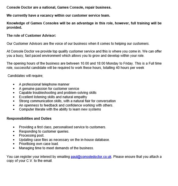 Console_Doctor's tweet photo. Interested in working for Console Doctor? Here's your chance! https://t.co/W3mq04MC0T