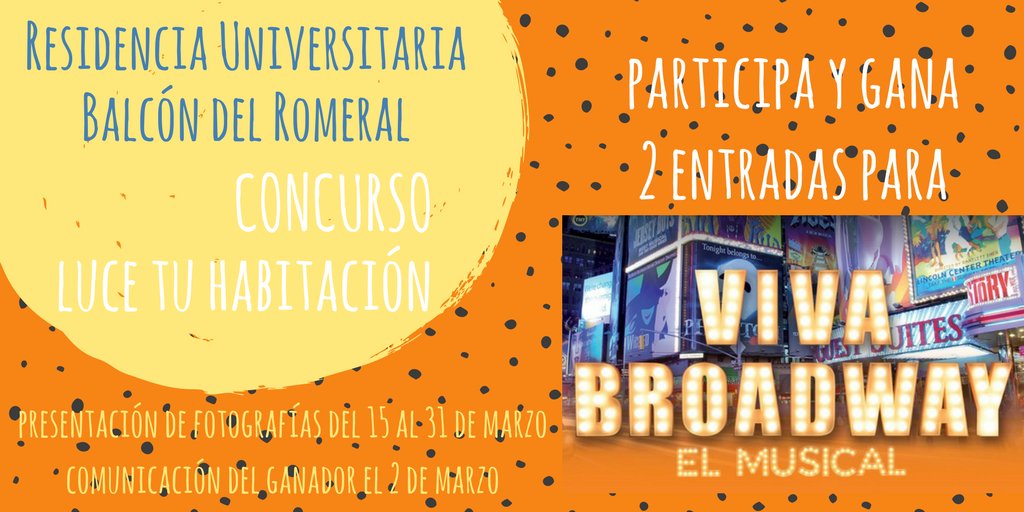BalconRomeral's tweet photo. ¡Por fin! Hoy empieza el plazo para participar en el concurso "Luce tu habitación". Recuerda que tienes hasta el 31 de marzo para hacer fotos super bonitas de tu habitación y ganar dos entradas para el musical Viva Broadway en el Teatro Cervantes https://t.co/znPotM77vI