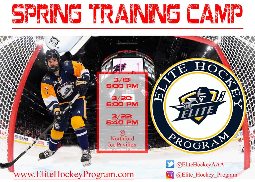 EliteHockeyAAA's tweet photo. SPRING TRAINING CAMP ANNOUNCED!
Ages: 2001 - 2004
Monday: March 19
Tuesday: March 20
Thursday: March 22
Location: @NorthfordIce
Register Here: https://t.co/7wljCHl1pt
#ChooseTheProgram https://t.co/Fr1xDgLASC