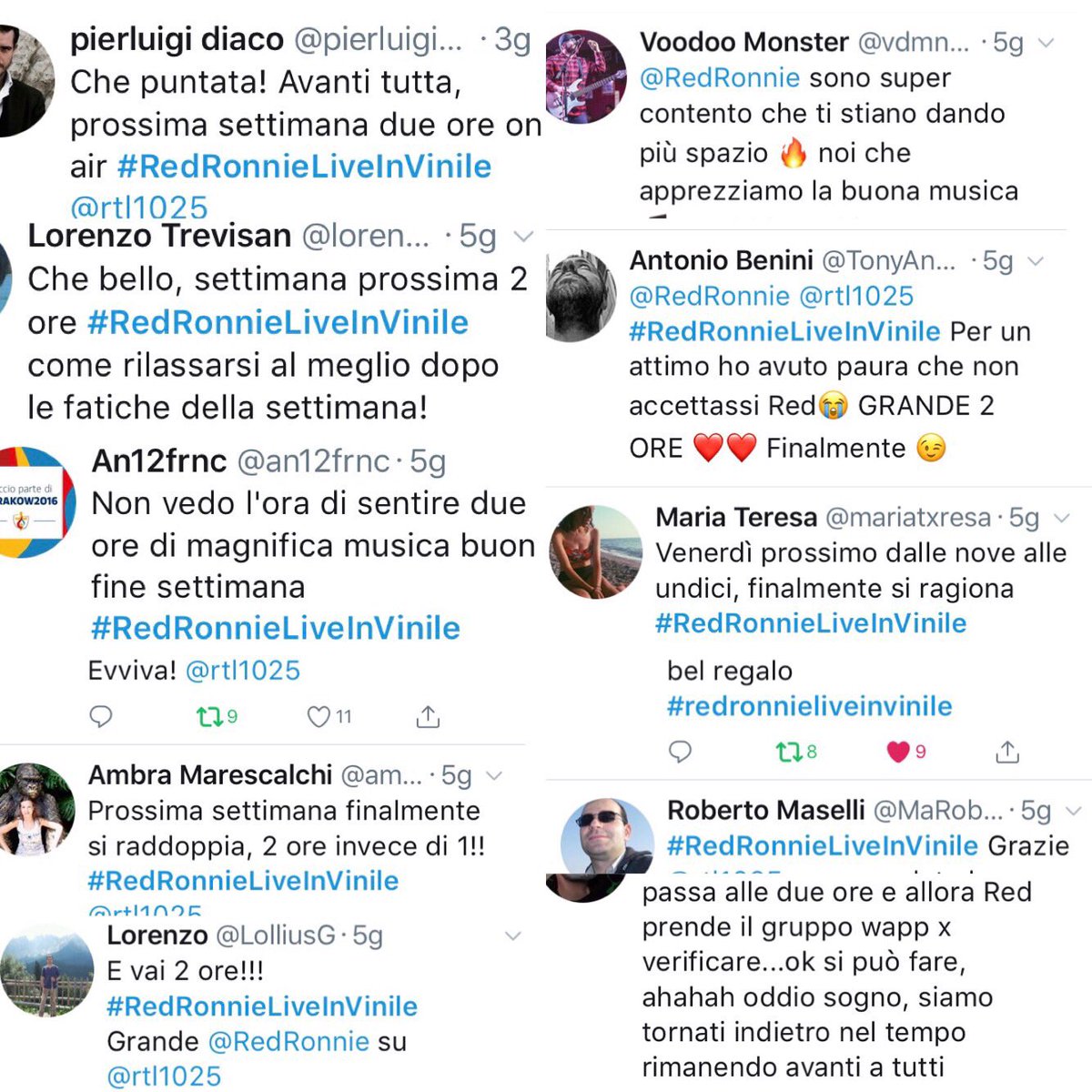 Quanti tweet felici dell’ora in più di #RedRonnieLiveInVinile!
La festa prosegue domani sera qui e su <a href="/rtl1025/">RTL 102.5</a>, dalle 21 alle 23. Continuate a far arrivare il vostro apprezzamento per i vinili e i racconti di <a href="/RedRonnie/">Red Ronnie 💙🎸</a>!