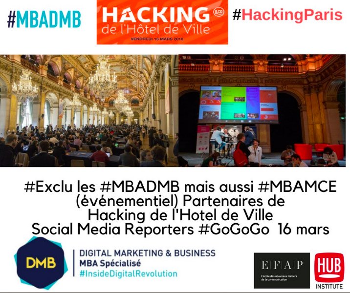 clotildelebihan's tweet photo. RT @VincentMontet
#Proud #Demain Suivez #HackingParis #MBADMB nos étudiants @MBADMB mais aussi #MBAMCE (event @AnneFGS ) seront les #SocialMediaReporters de ce top évent ! Merci à @Paris_Incub pour sa confiance et heureux de partager cela avec @CELSA_Officiel https://t.co/19CsuYvKkJ