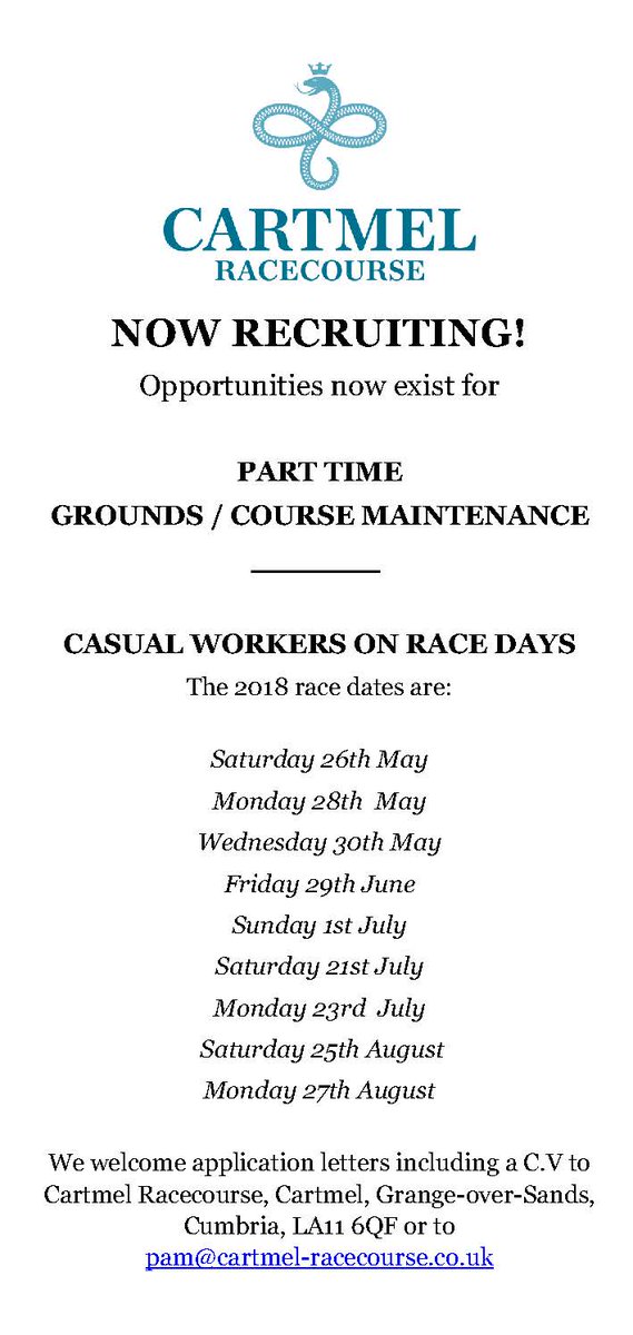 Cartmelrace's tweet photo. Cartmel Racecourse is hiring... contact the Racecourse Office for more info on 015395 36340 https://t.co/B9c3Hp4ehs