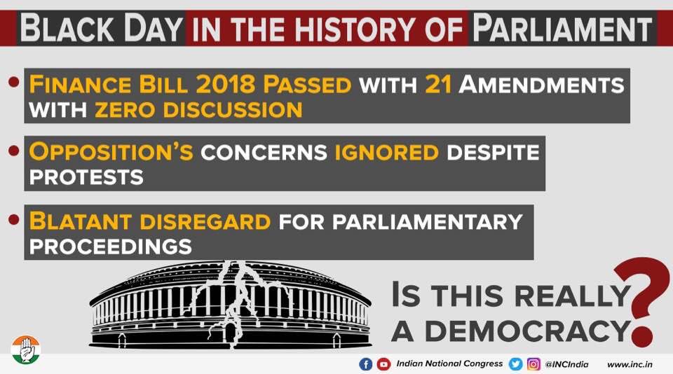 beindiya's tweet image. #ModikillsDemocracy #Democracyindanger. The Parliamentary Affairs Min has failed in his duties.
The opposition has not being taken into confidence to Pass the Union budget!!😨😡.                 
All bills passed in 36 mins WITHOUT DISCUSSION!             

SHOCKING!! 👇👇👇👇👇