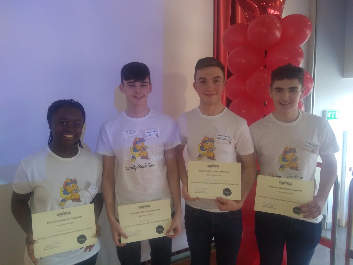 griffithcollege's tweet photo. Second prize at today's Business Enterprise Competition went to the incredible @lonelysockinc from @KanturkSM. Their ingenious idea to end the world of the misery of losing socks in the laundry was sooo close to winning. But there is genius in their idea! Well done to all! https://t.co/h9GZD6vYlX
