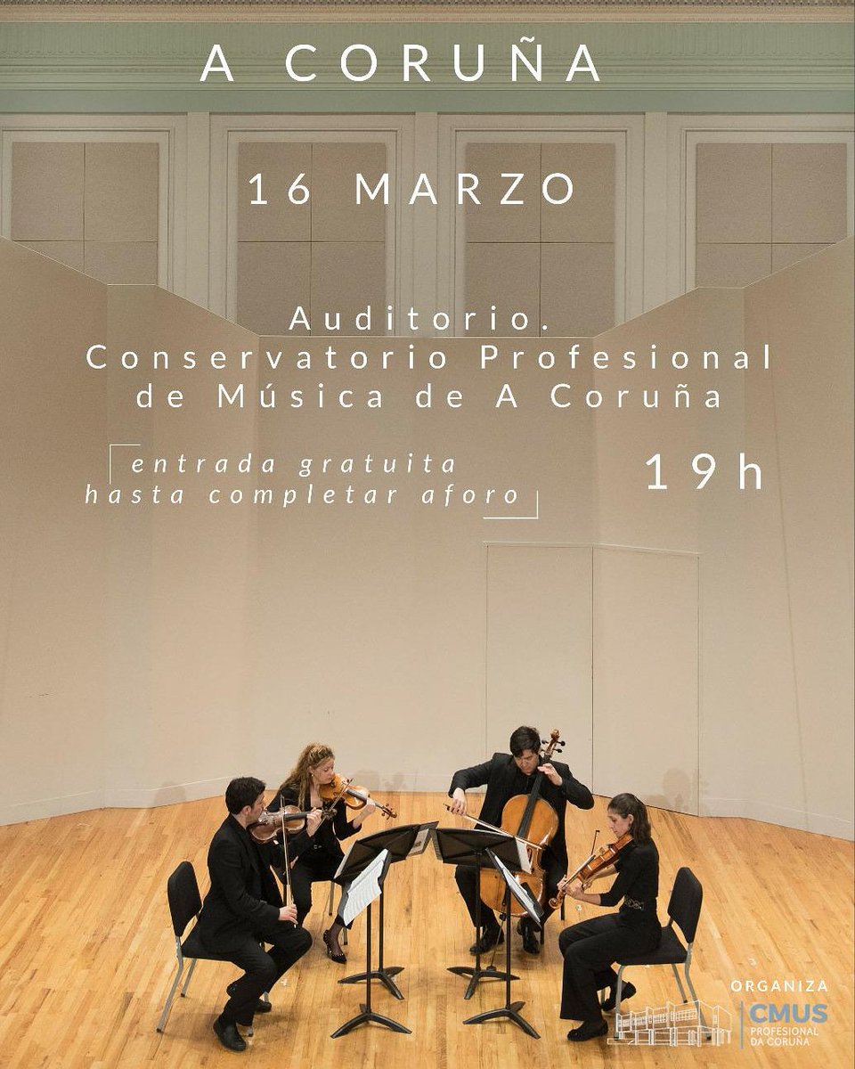 VeraQuartet's tweet photo. 📍Os vemos mañana a las 7 en el Conservatorio Profesional de Música de A Coruña! #coruña #cuartetocuerda #stringquartet #conciertocoruña #conservatoriocoruña #veraengalicia https://t.co/zSSIHt797U