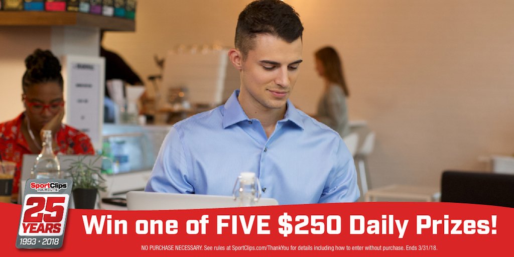SportClips's tweet photo. March means money at Sport Clips. Visit participating stores during march and you're entered to win $250! Five winners daily. #25years #thankyou #thousandsofthanks https://t.co/281qrJ5jWy